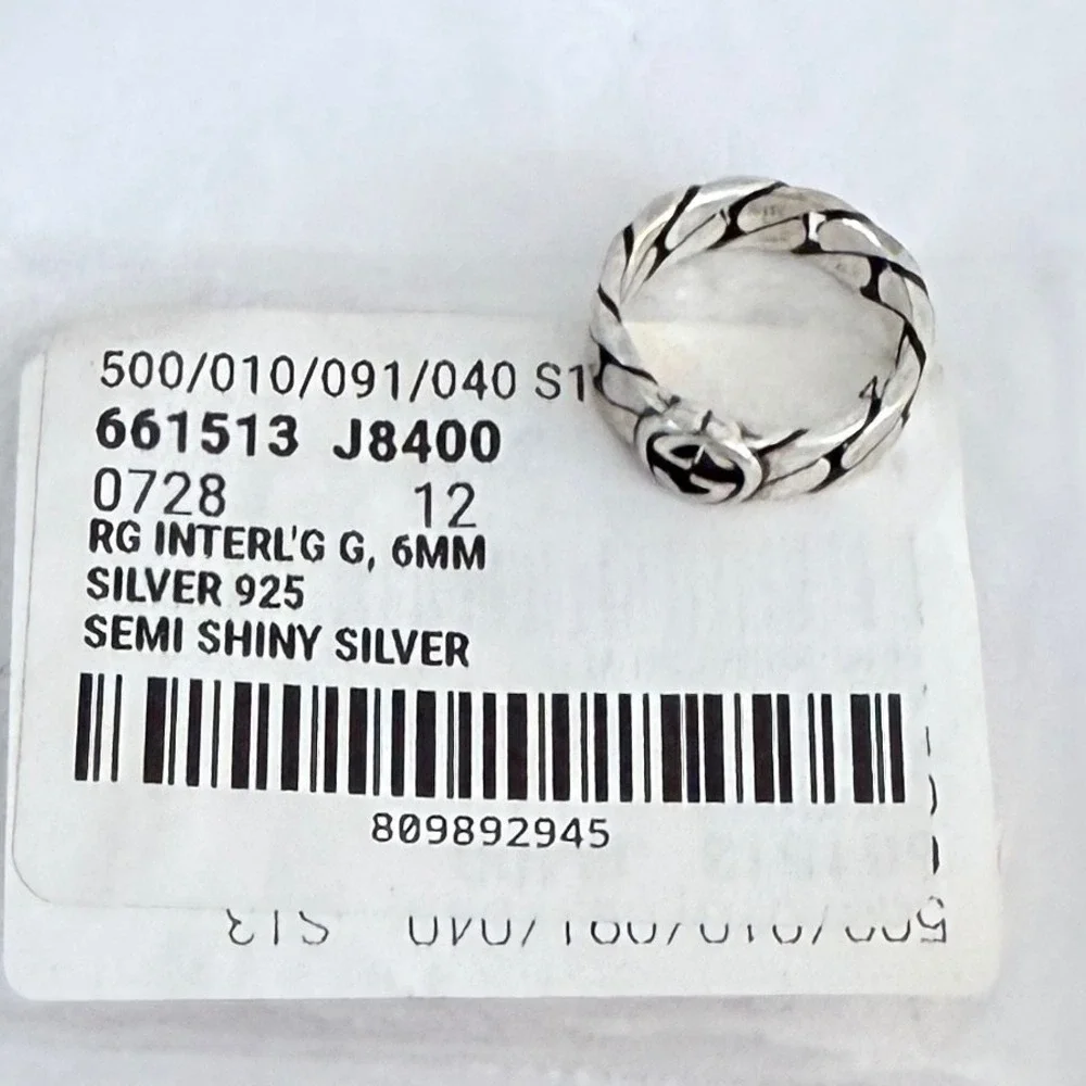 Gucci Interlocking G Curb Chain Ring Sterling Silver 661513 J8400 Size 12 IT 6